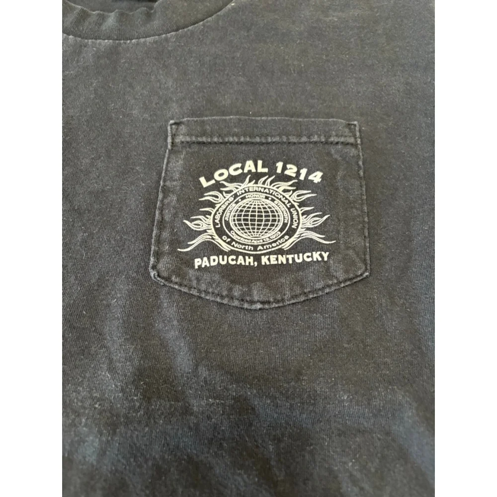 Vintage 90s Local 1214 Laborers Union Flame Graphic Pocket T-Shirt - Picture 4 of 5